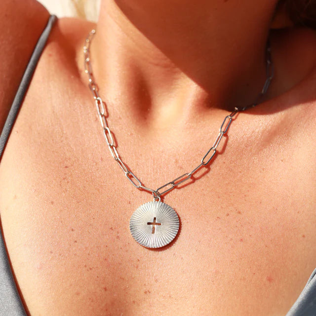 Sunburst Cross Pendant Paperclip Necklace