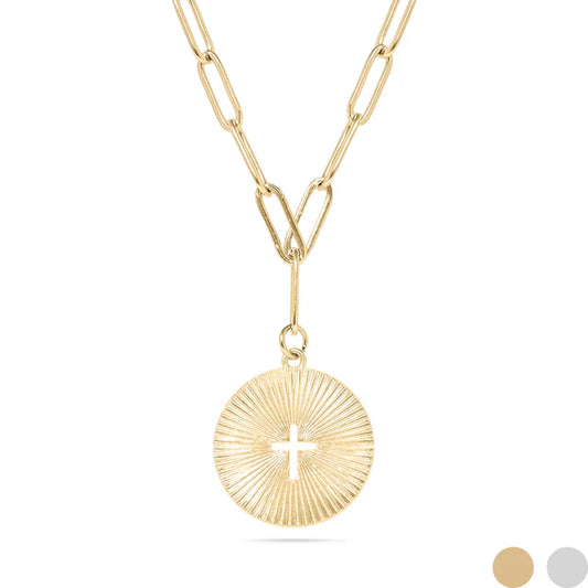 Sunburst Cross Pendant Paperclip Necklace