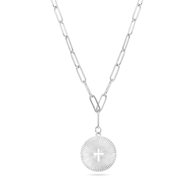 Sunburst Cross Pendant Paperclip Necklace
