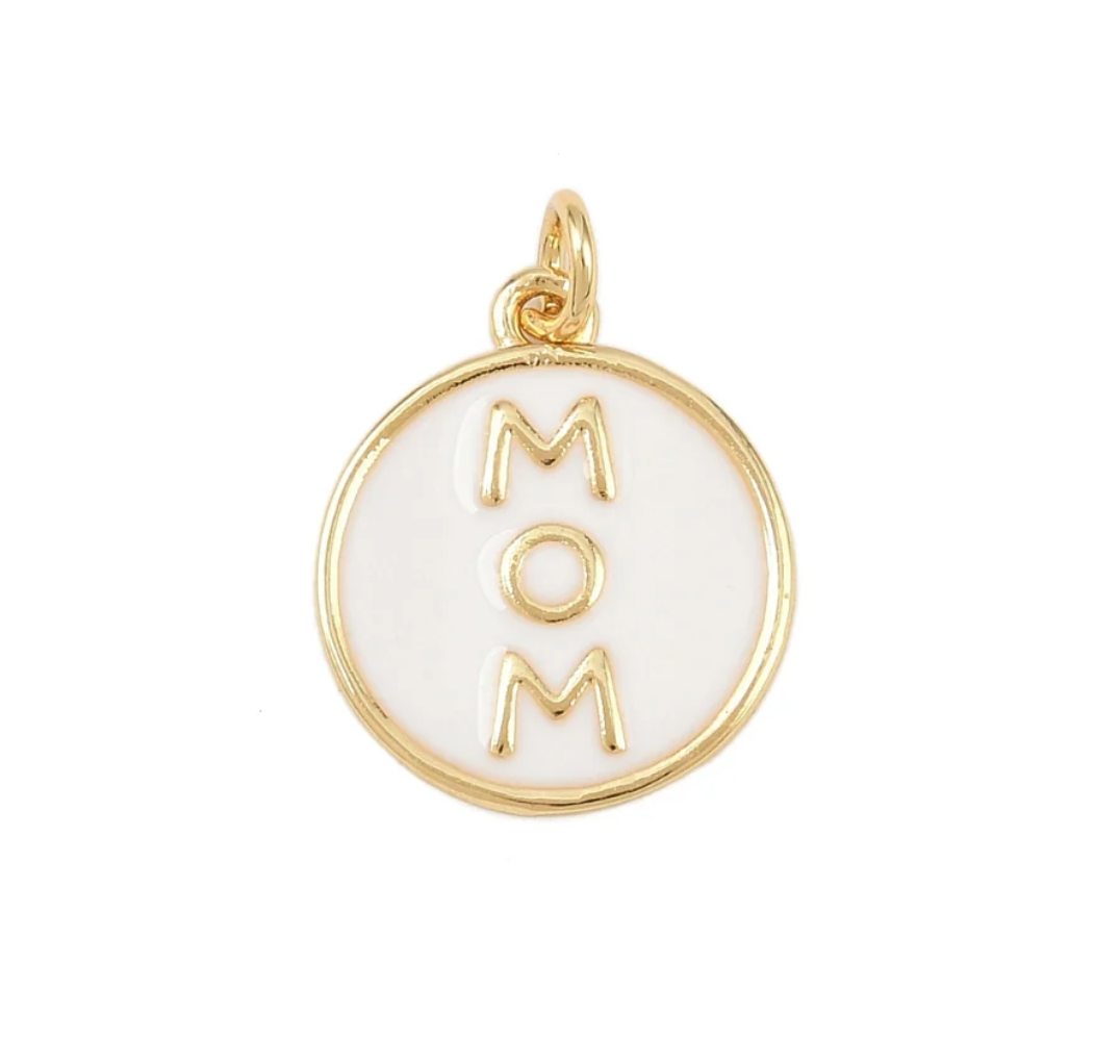 'Mom' White & Gold Charm